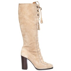 Miu Miu Beige Suede Lace Up Knee High Heeled Boots Size IT 38