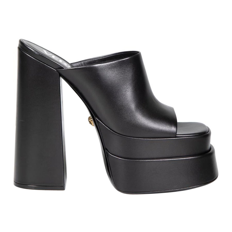 Versace Black Leather Platform Open Toe Mules Size IT 40