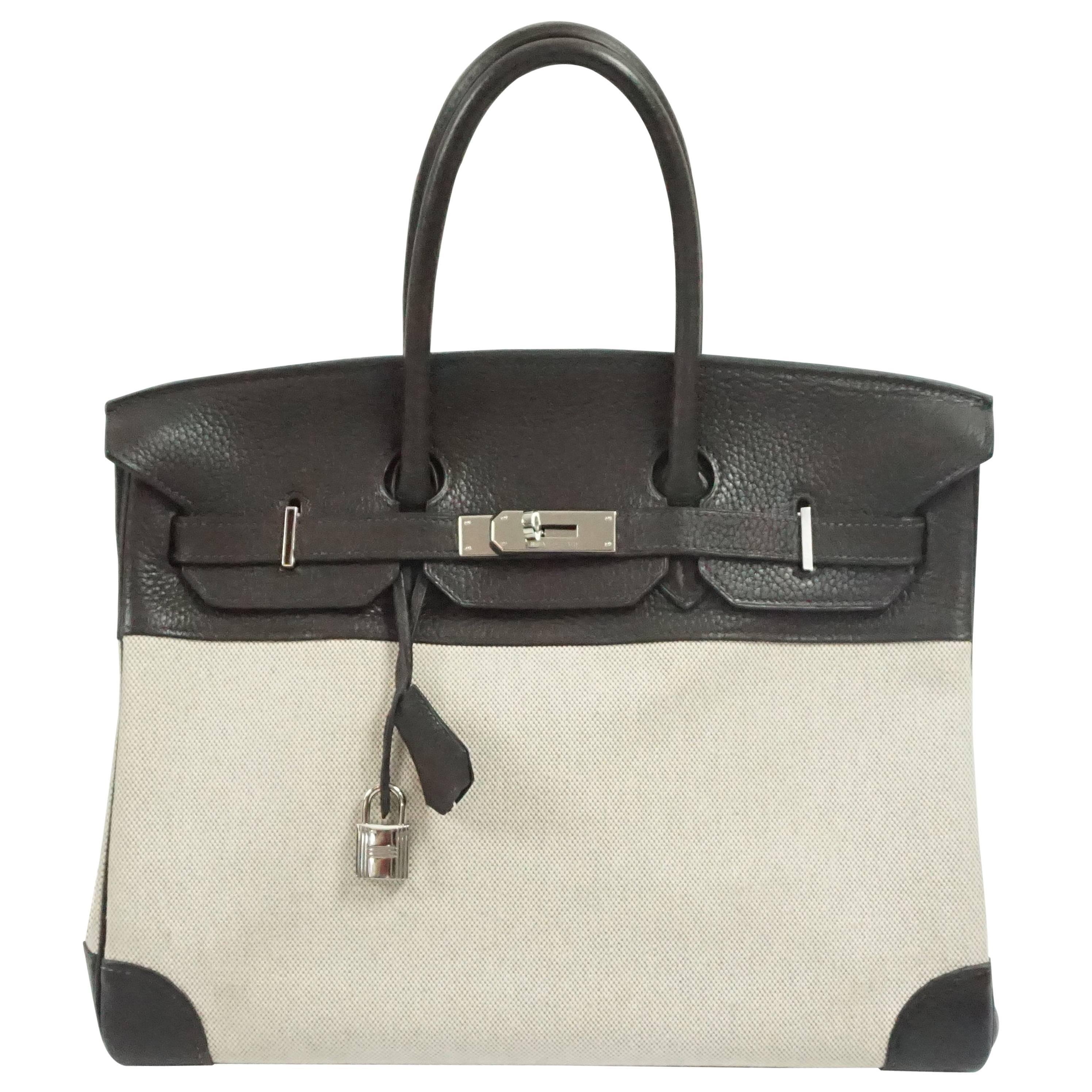 Hermes Canvas and Chocolate Brown Leather 35cm Birkin - SHW - 2006