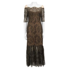 Marchesa Notte Schwarzes & goldenes schulterfreies Kleid aus Spitze Größe XL