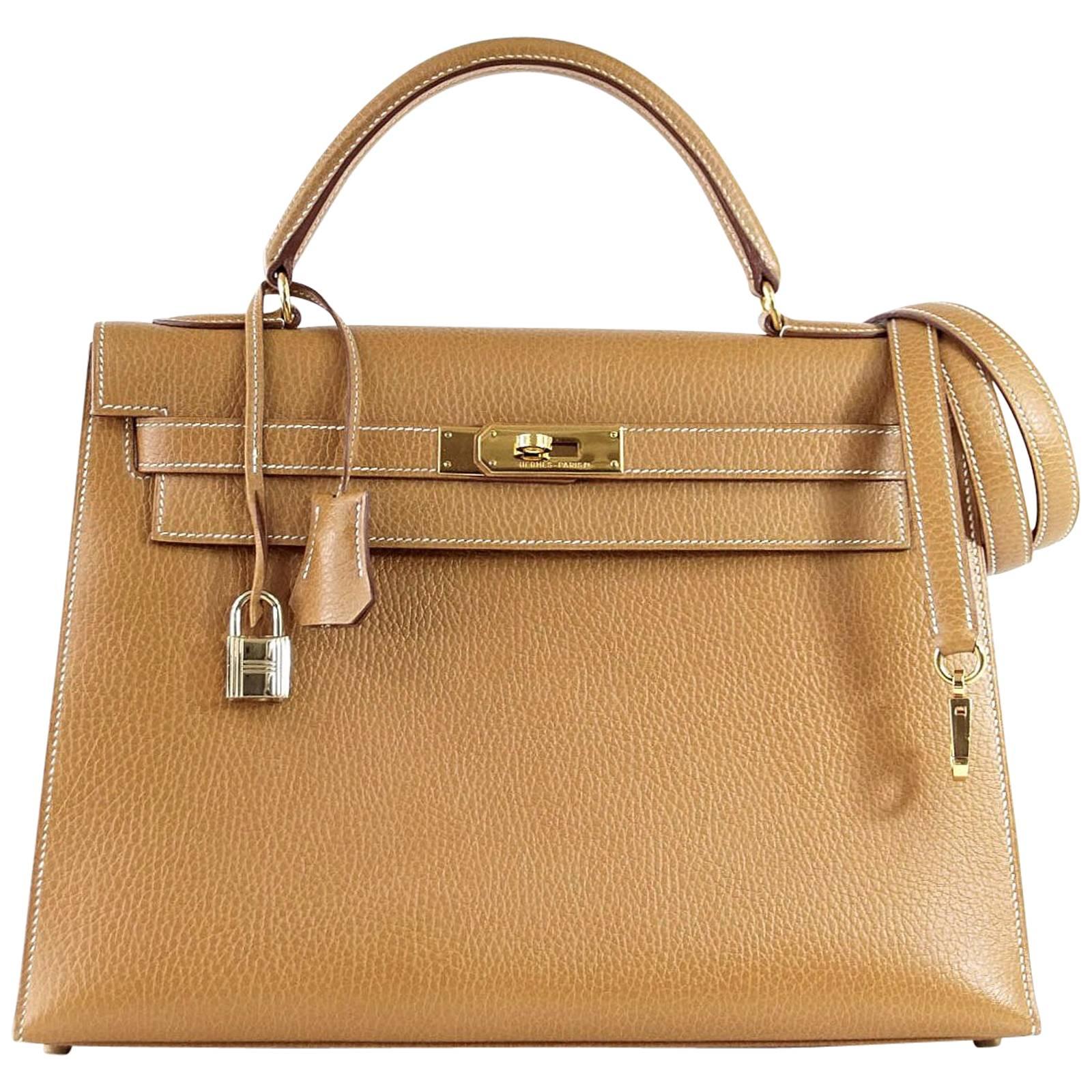 Hermes Kelly 32 Sellier Bag Vintage Sable Ardennes Leather Gold Hardware 