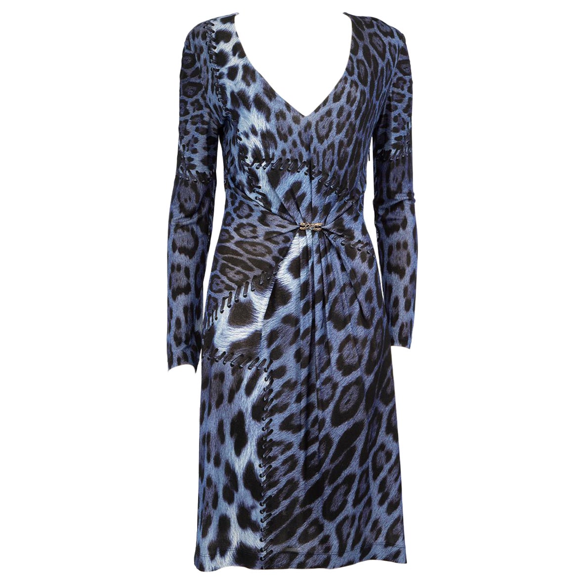 Roberto Cavalli - Vestito blu con stampa leopardo e stitch taglia XL