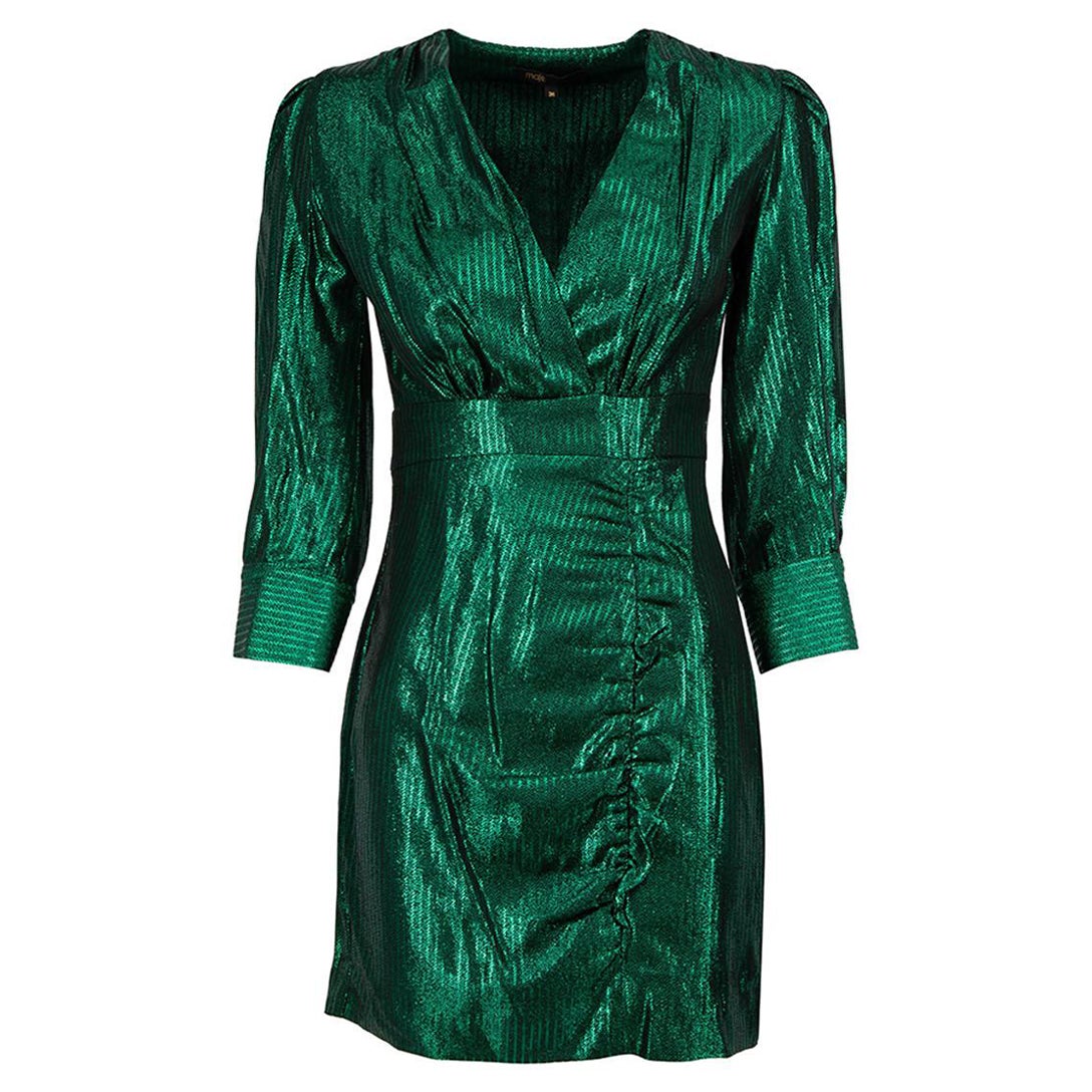Maje Green Metallic V-Neck Mini Dress Size S For Sale