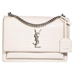 Saint Laurent Ecru Leather Sunset Croc-Embossed Bag
