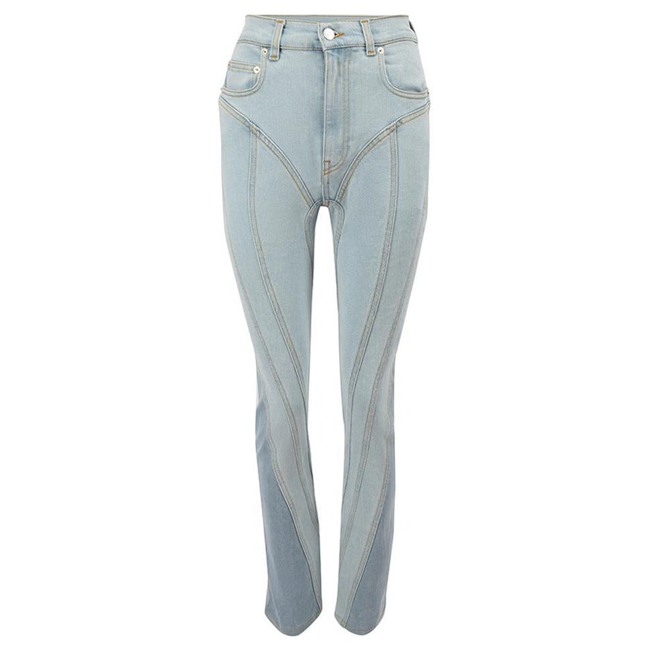 Mugler Light Blue Denim Spiral Panelled High Rise Jeans Size S For Sale