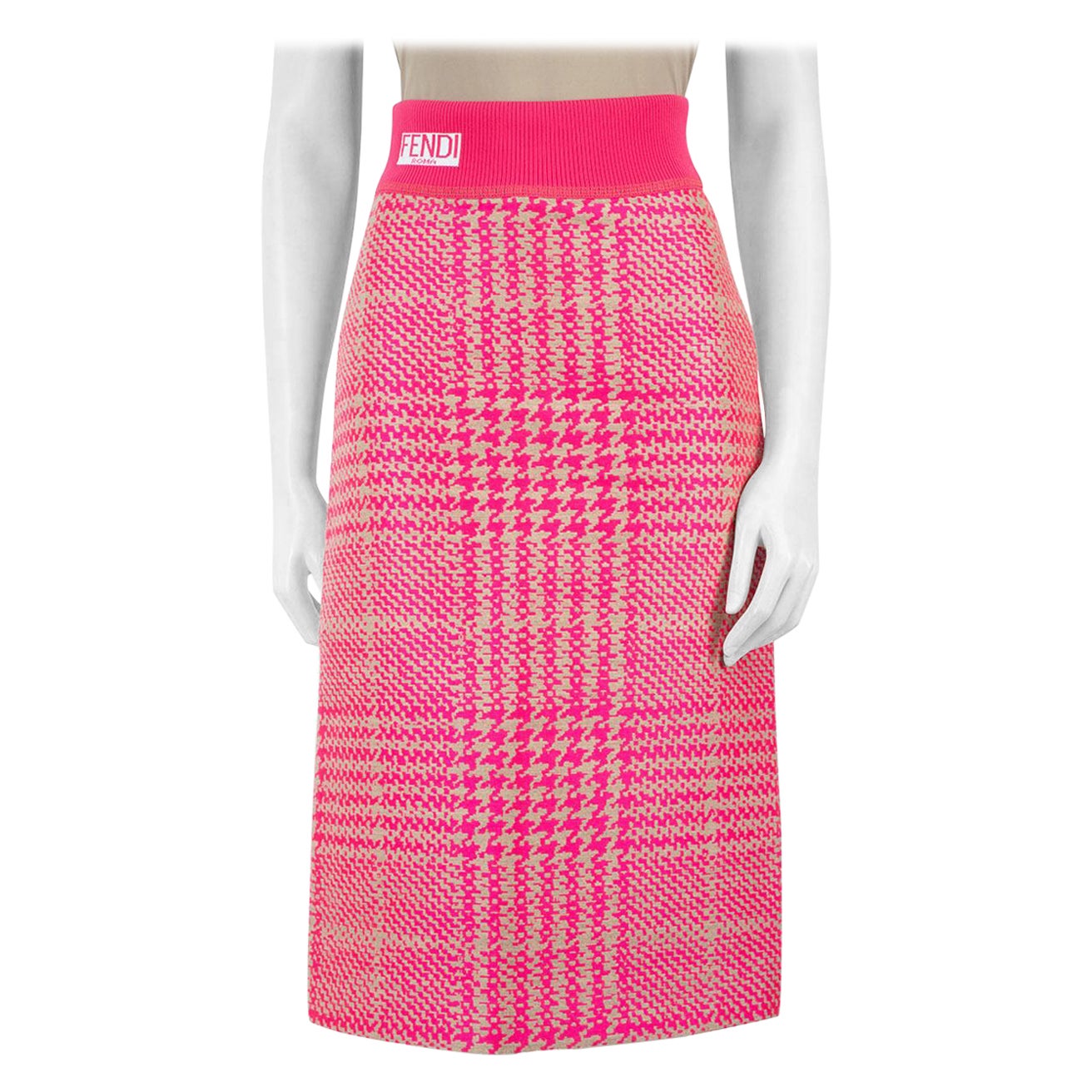 Fendi, jupe midi rose à motif pied-de-poule, taille XS