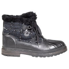 Chanel Black Leather Fur Lined Tweed Combat Boots Size IT 40.5