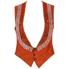 1970's Char Handpainted Whipstitched Leather Suede & Lace Bohemian Hippie Vest