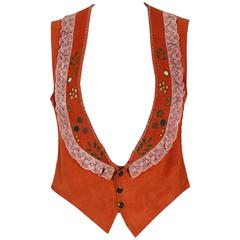 1970's Char Handpainted Whipstitched Leather Suede & Lace Bohemian Hippie Vest 2