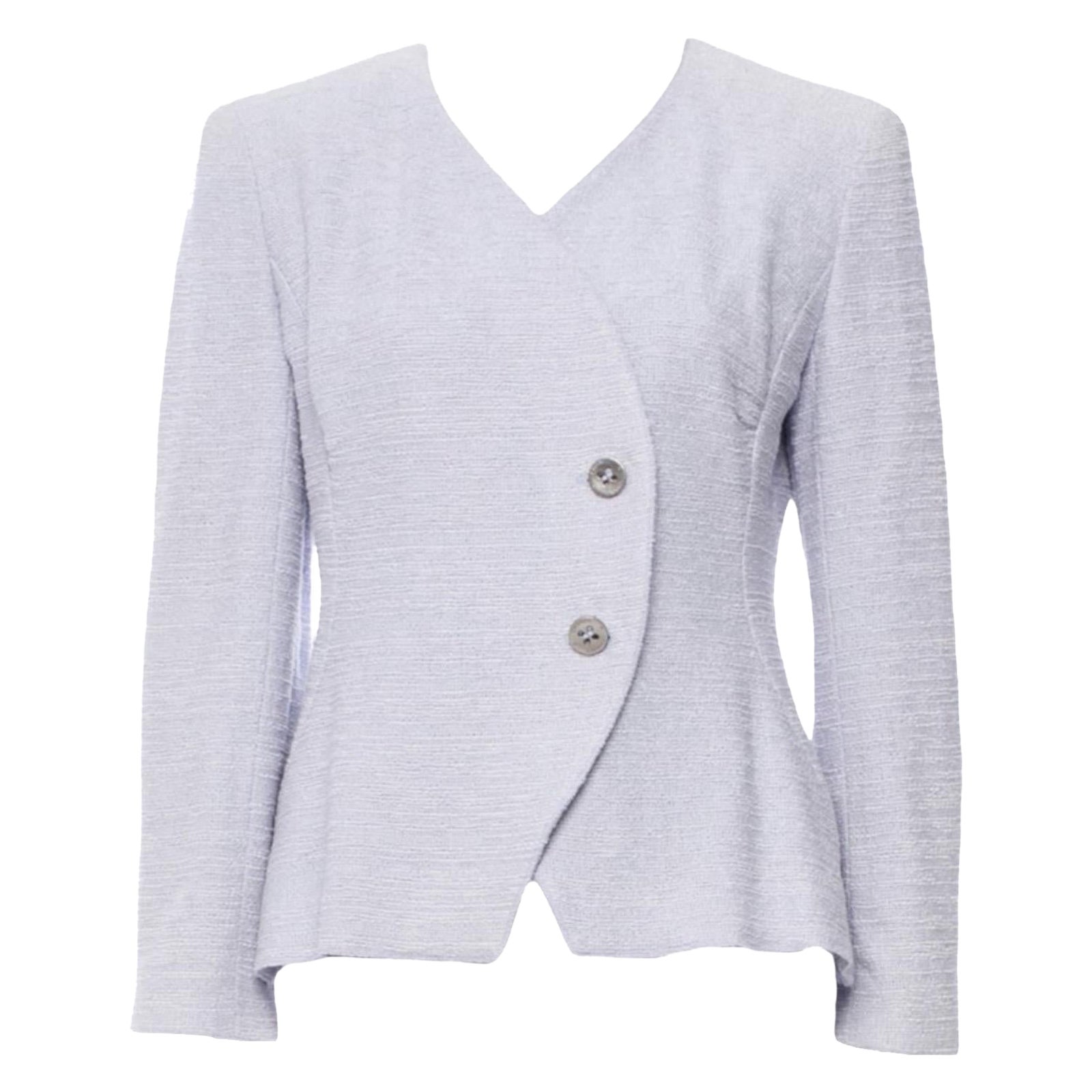 Chanel - Blazer bouclé lavande à motif asymétrique boutons logo CC 40