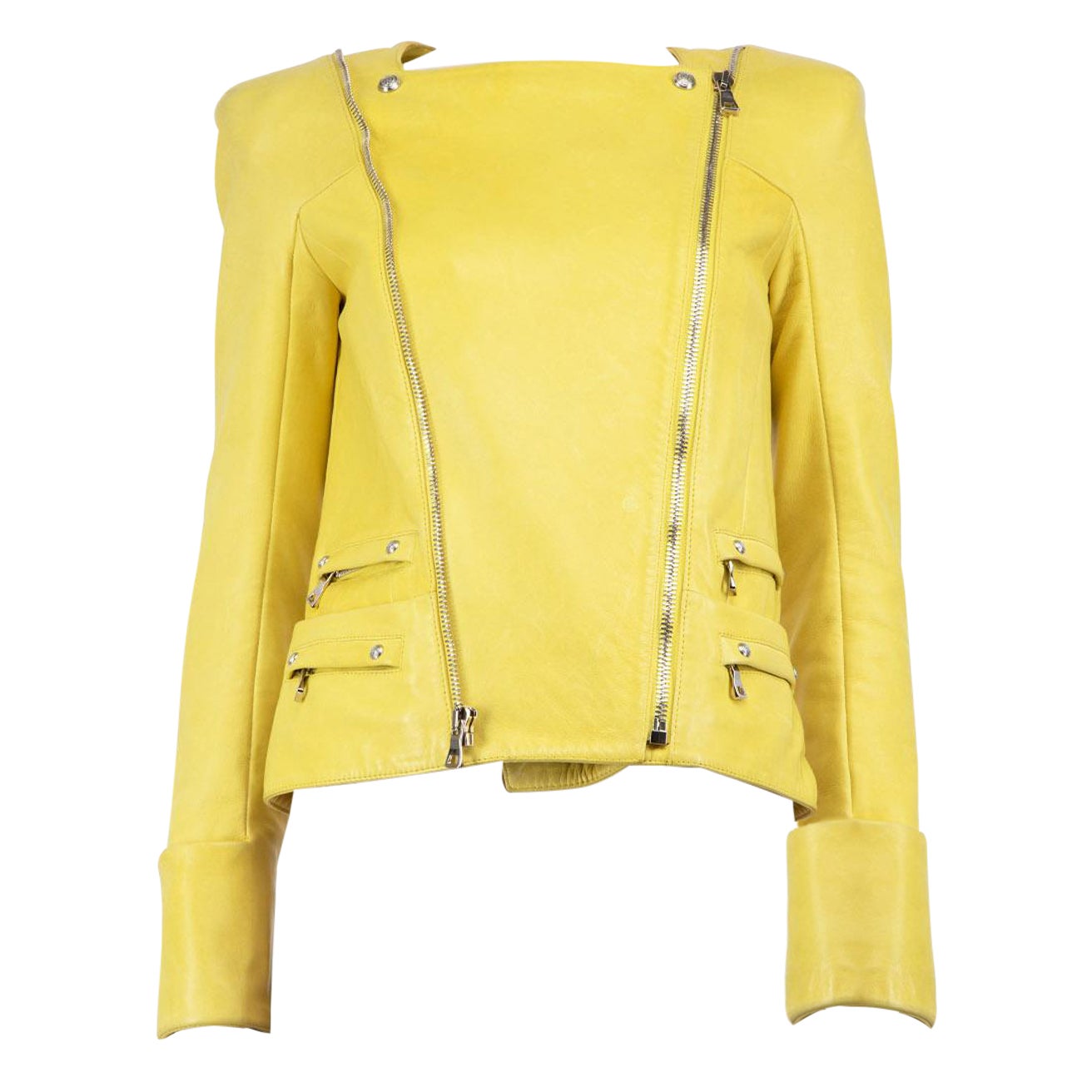 Veste motard Balmain en cuir jaune, taille M
