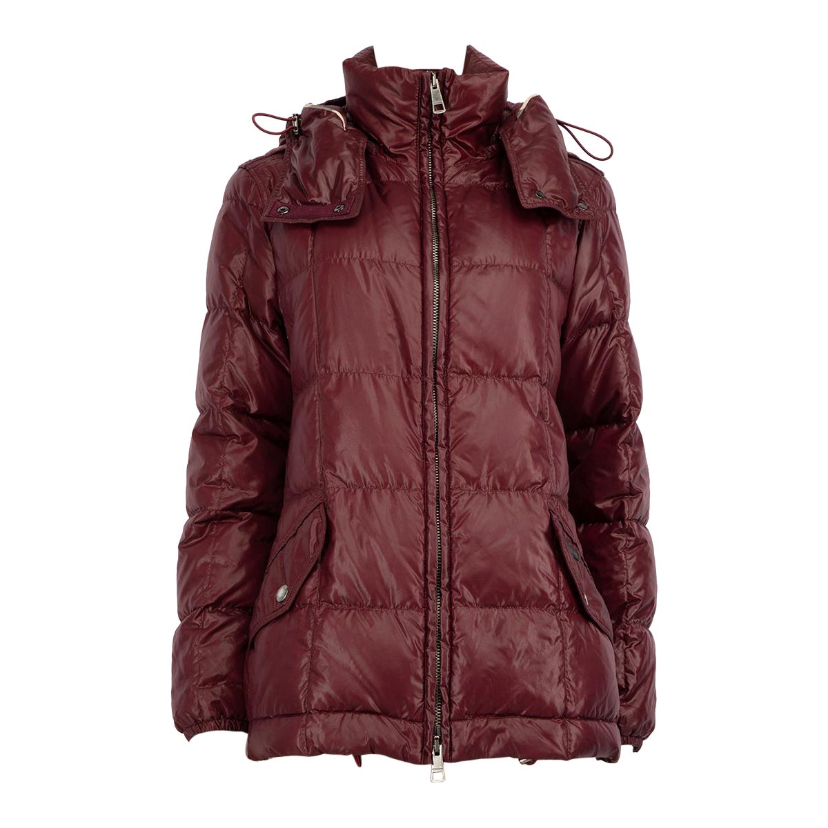 Burberry Burgundy Hooded Puffer Coat Size M For Sale