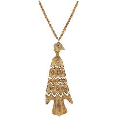 c.1970's Large Gold Totem Bird Articulated Pendant Statement Necklace Rare 8