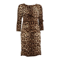 Dolce & Gabbana Brown Silk Ruched Leopard Dress Size XS