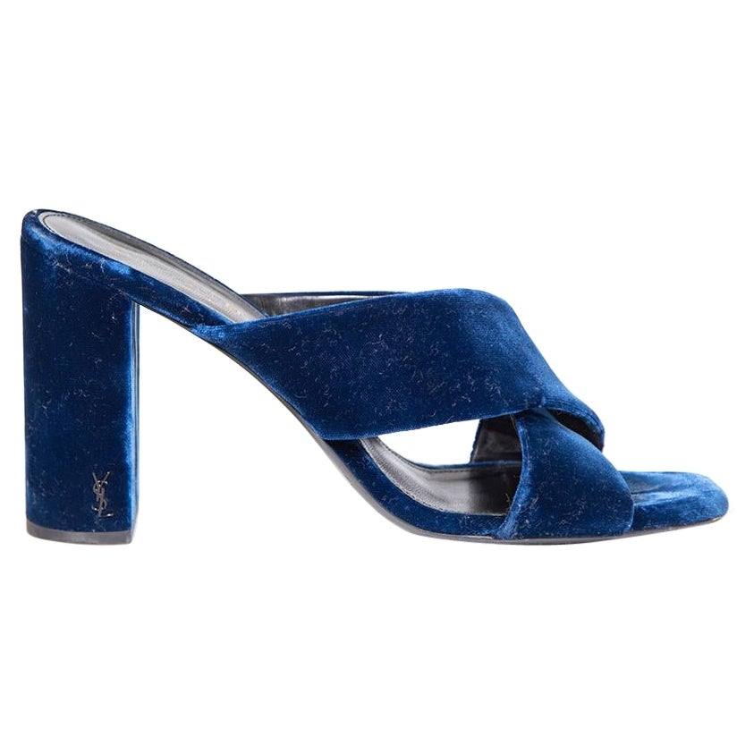 Saint Laurent Navy Velvet Heeled Mules Size IT 41 For Sale