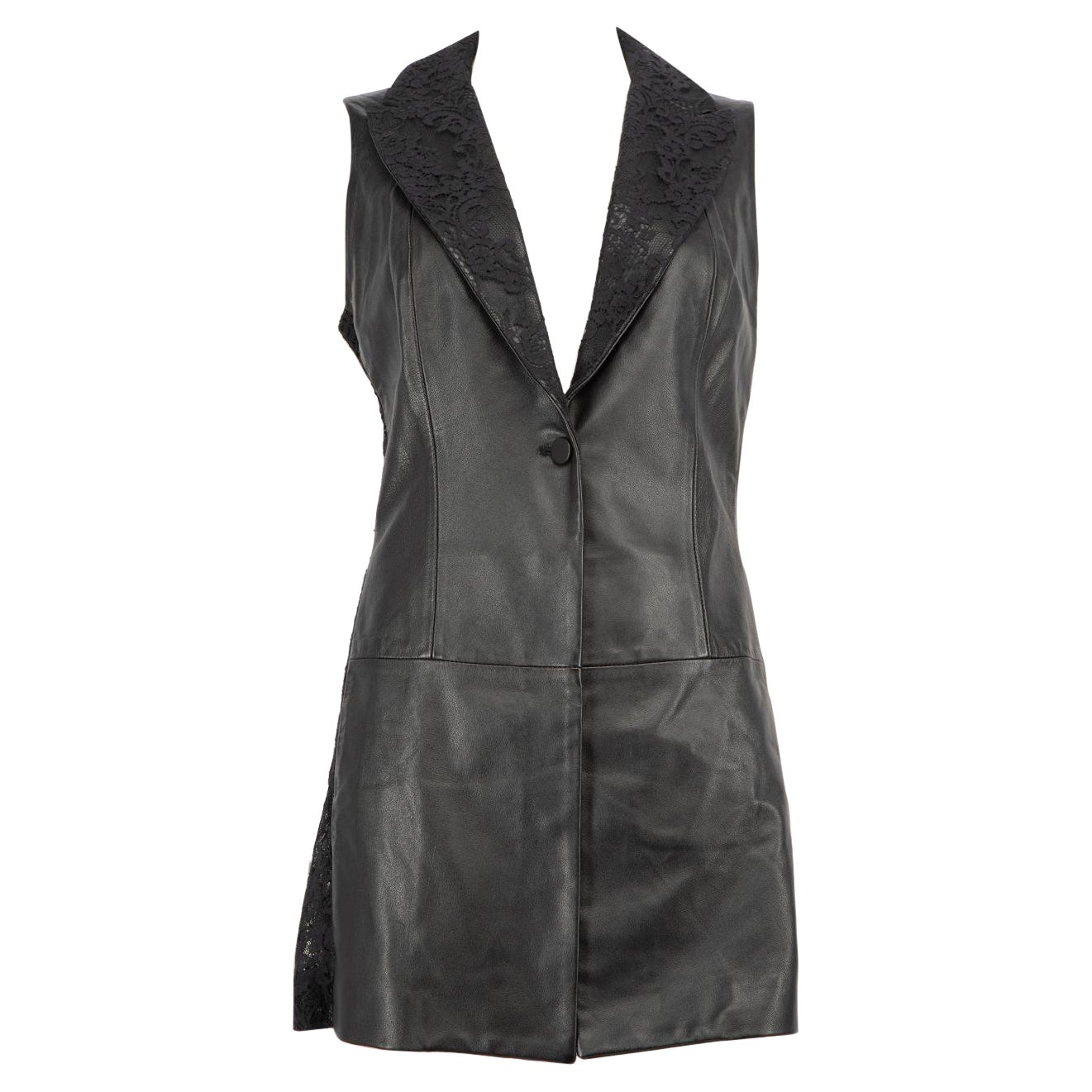 Philipp Plein Black Leather & Lace Long Vest Jacket Size L For Sale
