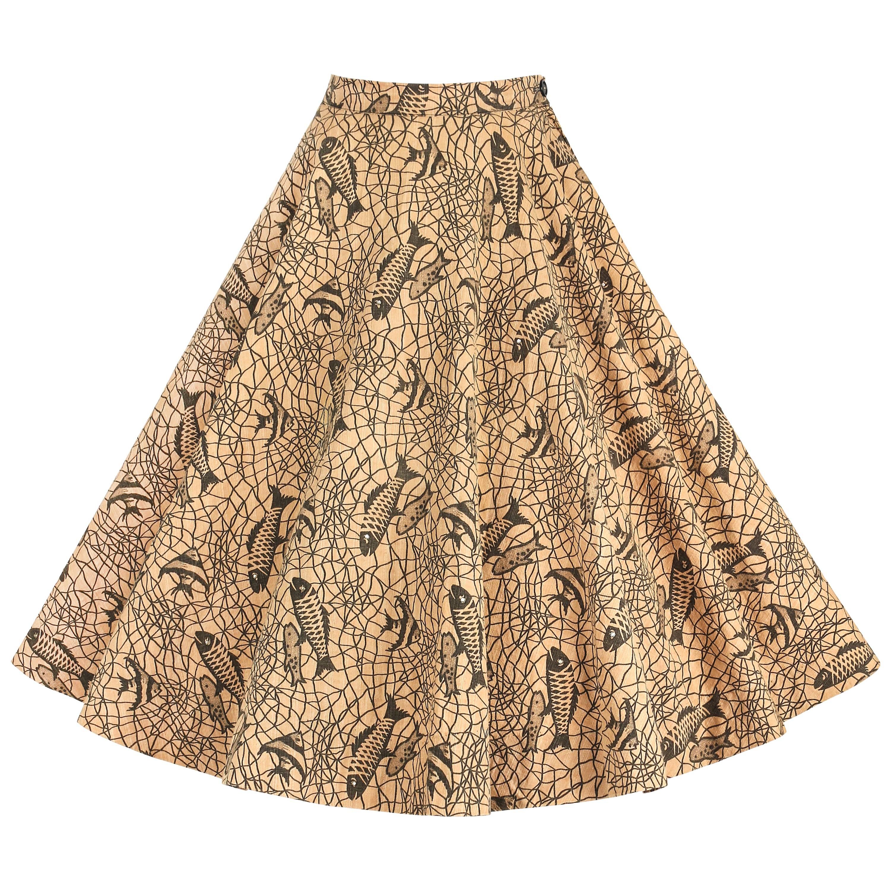 COUTURE c.1950's Tan Canvas Tropical Fish Print Rhinestone Circle Skirt OOAK