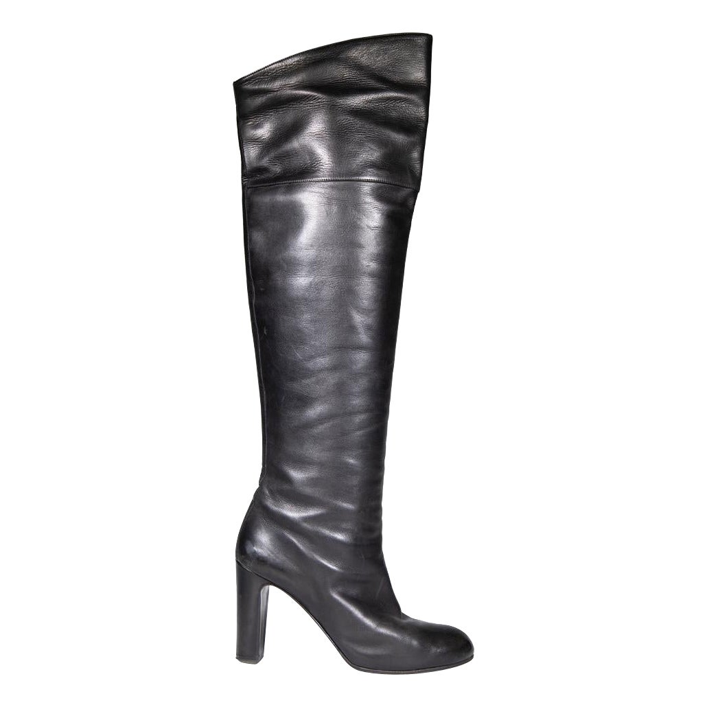 Hermès Black Leather Over The Knee Heeled Boots Size IT 38.5 For Sale