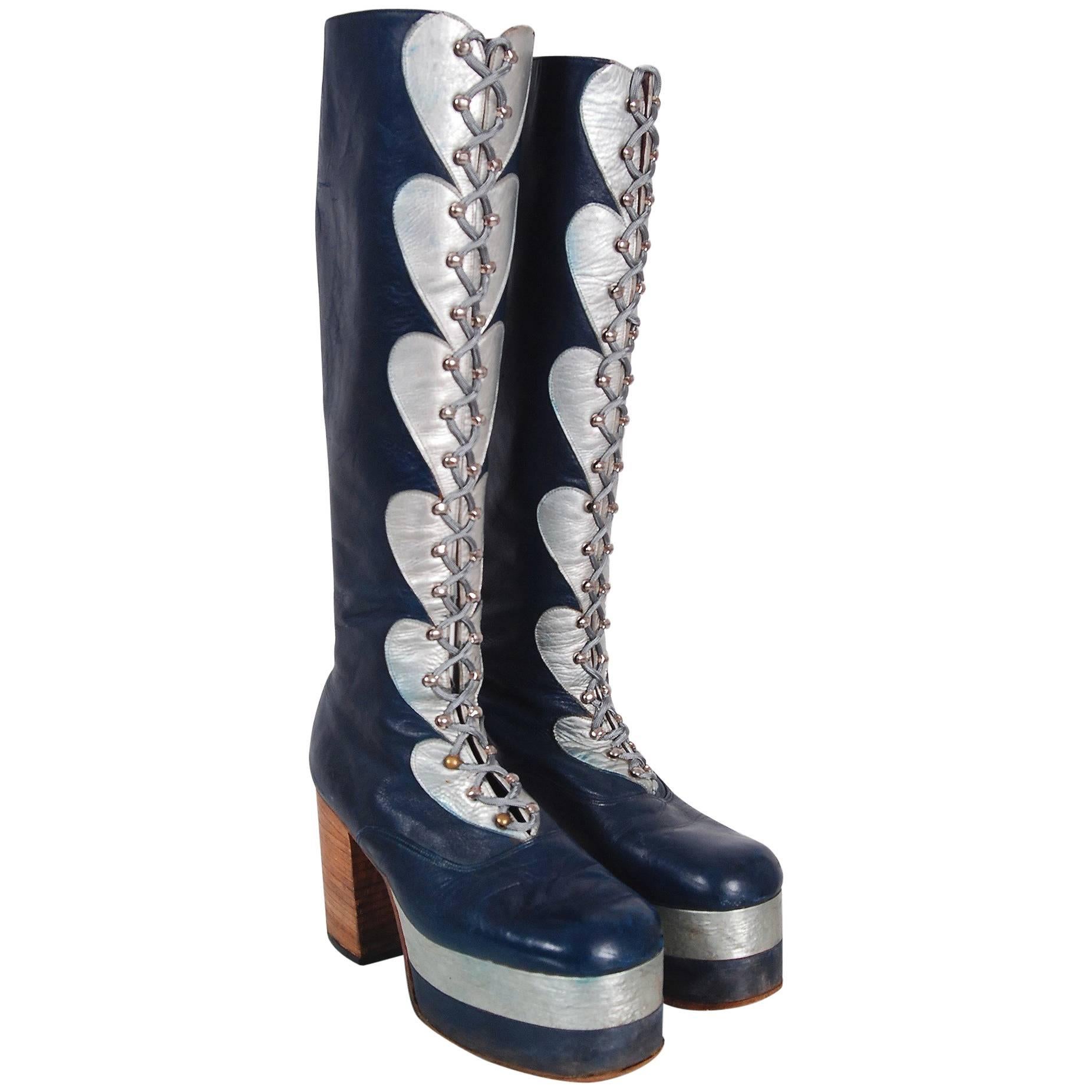 1970's Blue & Silver Leather Novelty Hearts Knee-High Platform Glam-Rock Boots