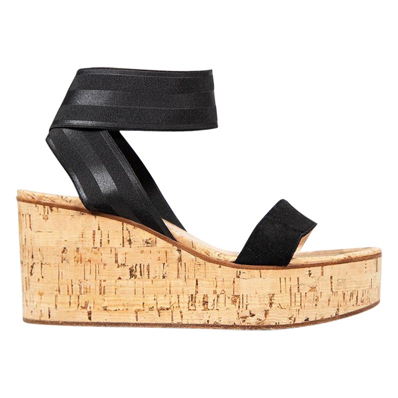 Gianvito Rossi Black Strappy Cork Wedge Sandals Size IT 38.5 For Sale