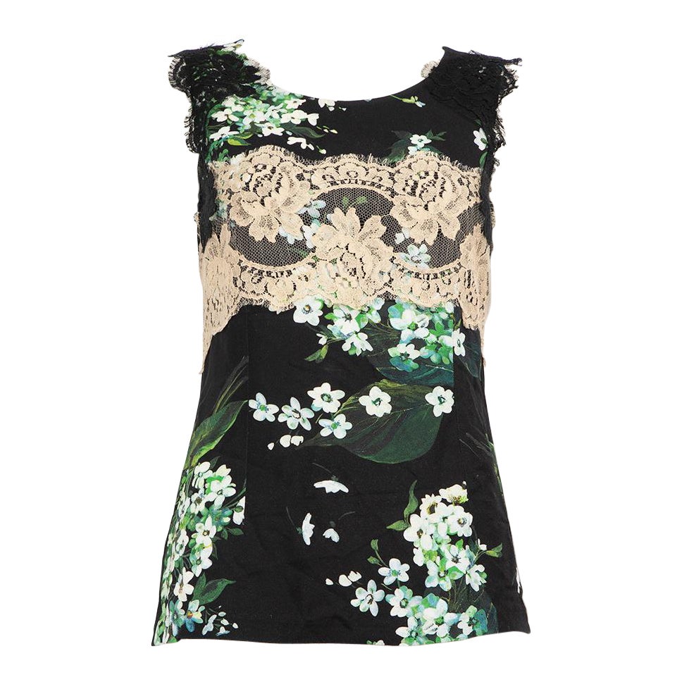 Dolce & Gabbana Schwarzes Top mit Blumenmuster und Spitzenbesatz Größe S im Angebot