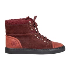 Chanel 2015 Burgundy Suede CC Lace up Boots Size IT 36.5