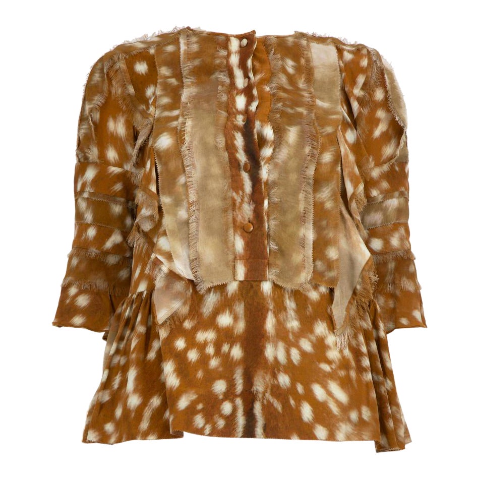 Burberry Brown Silk Deer Print Raw Hem Blouse Size XS For Sale