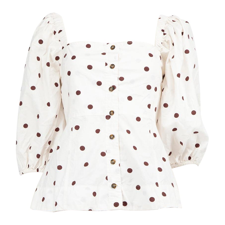 Ganni White Polkadot Balloon Sleeve Top Size M For Sale