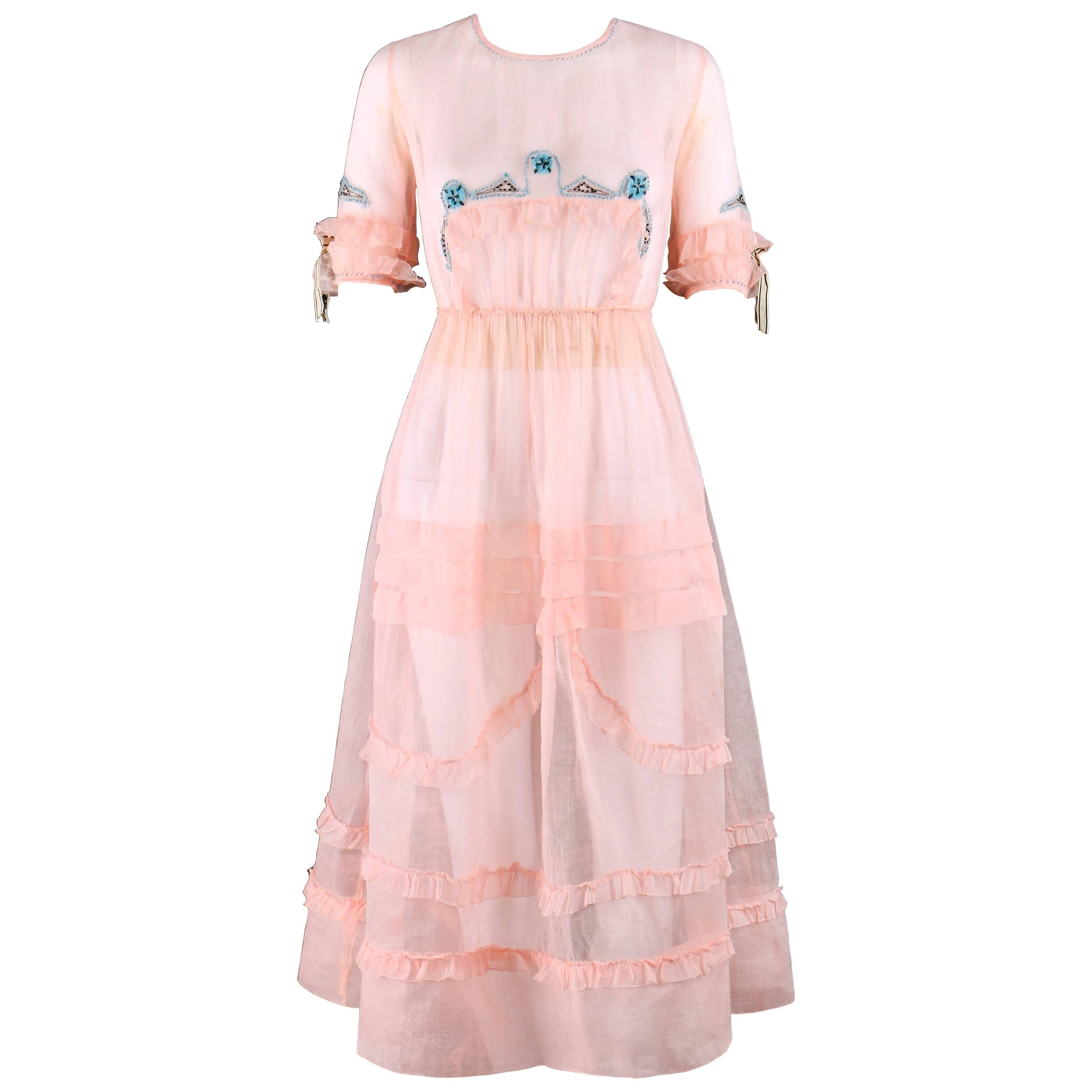 COUTURE Late 1910's Edwardian Pink Silk Organza Embroidered Sheer Day Dress