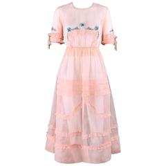 COUTURE Late 1910's Edwardian Pink Silk Organza Embroidered Sheer Day Dress