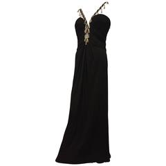 1980s Bob Mackie Classic Black Jersey Gown with Jewel Fringed Neckline and Back