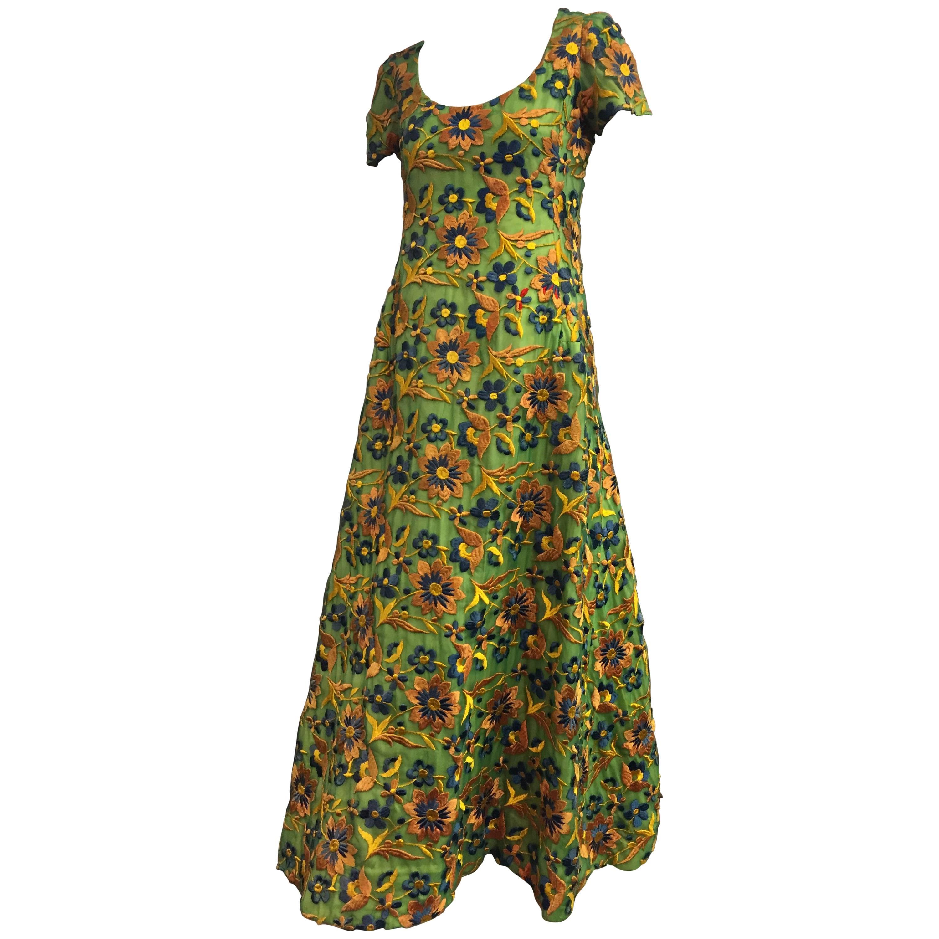 1960s Arnold Scaasi Heavily Emboidered Silk Floral Gown in Green Gold and Blue