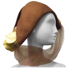 1940s Superb Irina Roublon Fine Tobacco Straw Bicorn Hat w Tulips and Tulle 