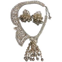1950s Asymmetrical Cascading Tassel Necklace and Earring Set in Faux Pearl 7