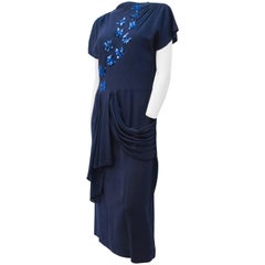 40s Navy Blue Crepe Dress w/ Sequin Butterflies