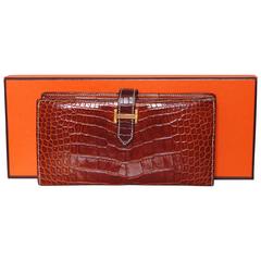 Hermes Alligator Wallet Béarn Gusset Honey Miel with Contrast Stitching + Box 04 1
