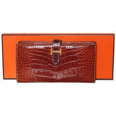 Hermes Alligator Wallet Bearn Honey Miel Croc with Contrast Stitching + Box 2004
