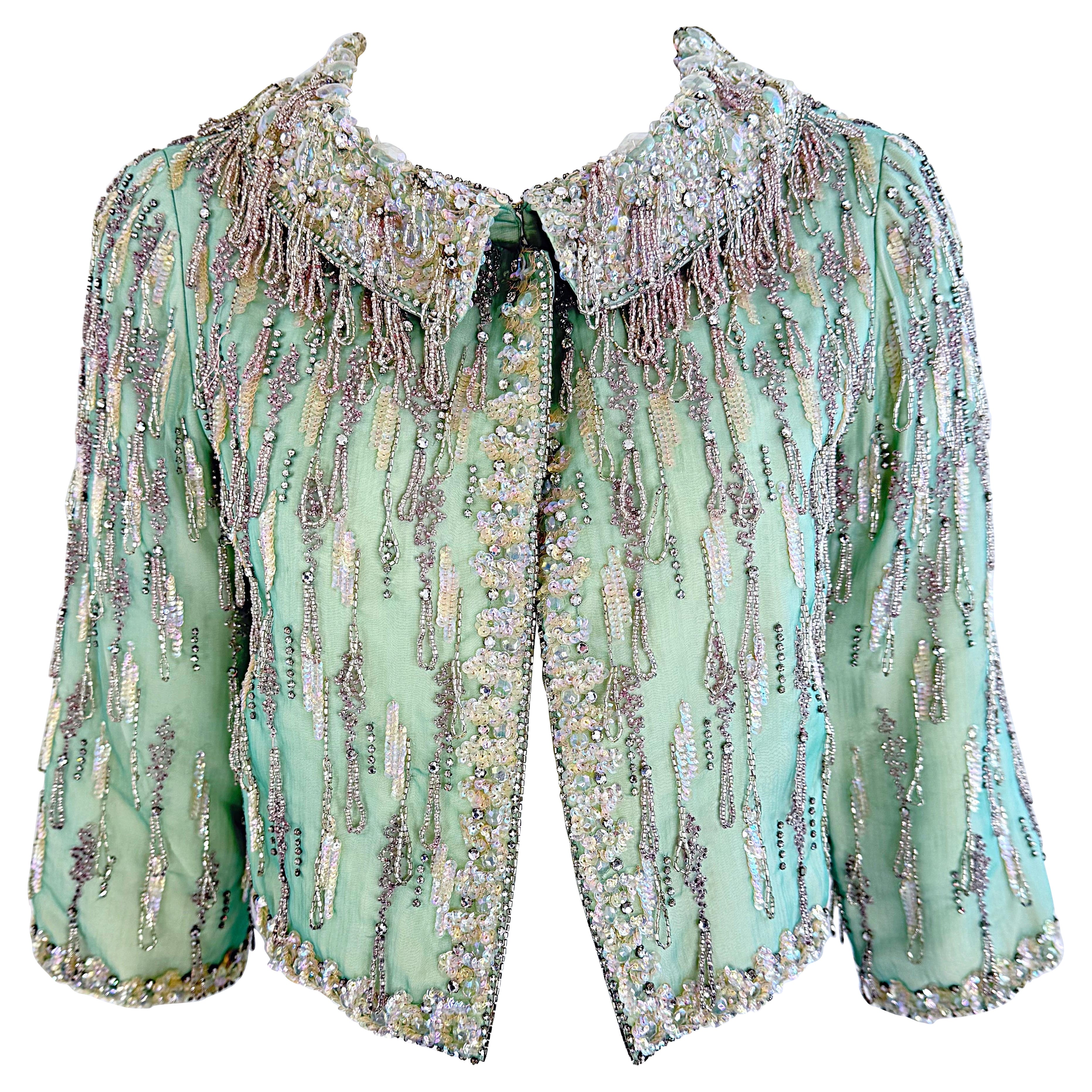1960s Couture Aqua Beaded Rhinestone Sequin Encrusted Vintage 60s Silk Jacket For Sale