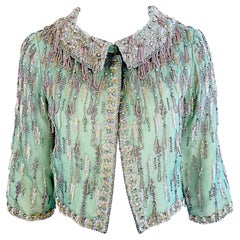 Giacca di seta anni '60 Couture Aqua con perline, strass e paillettes, vintage anni '60