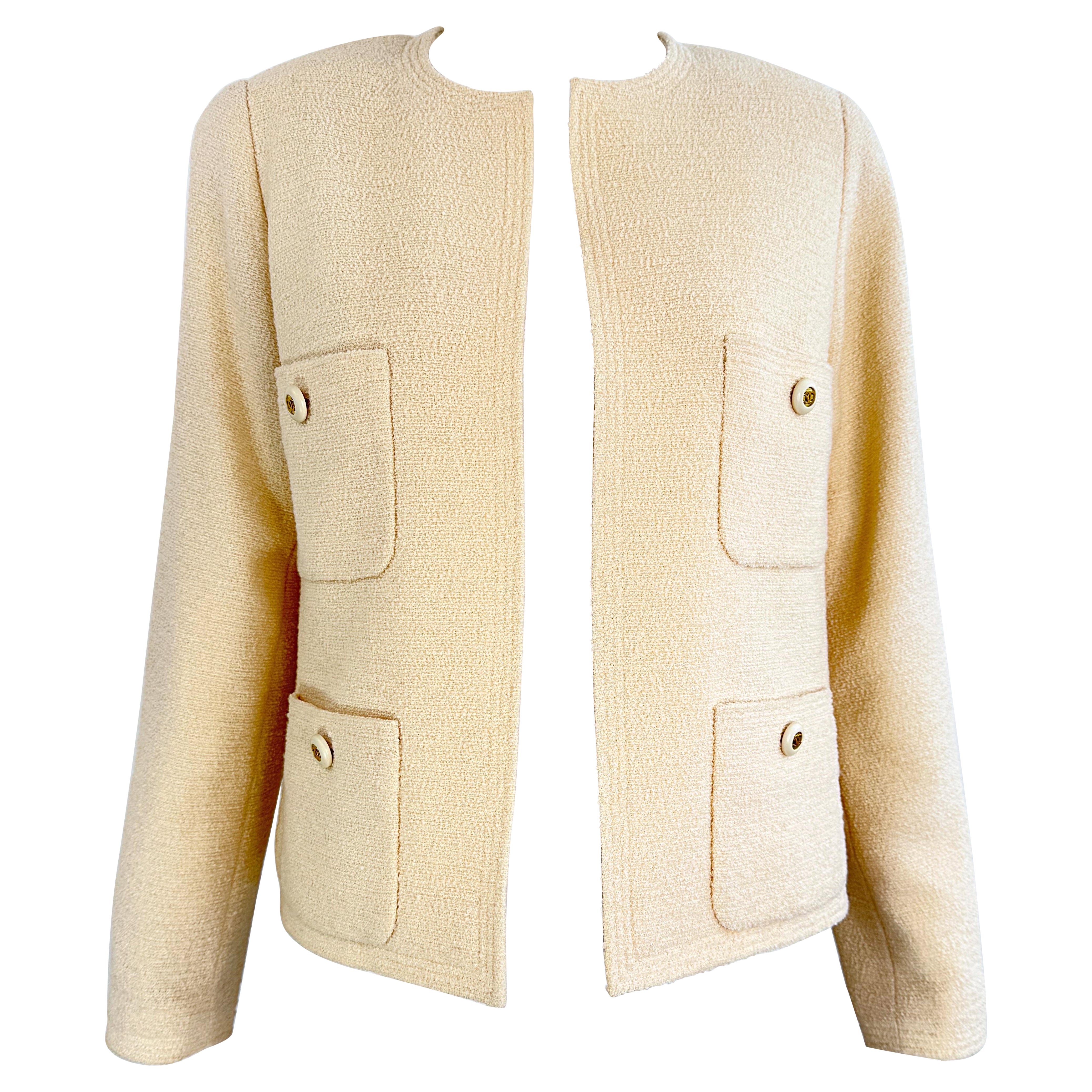 Vintage Chanel 1990s Karl Lagerfeld Ivory Off White 90s Jacket Blazer CC Buttons For Sale