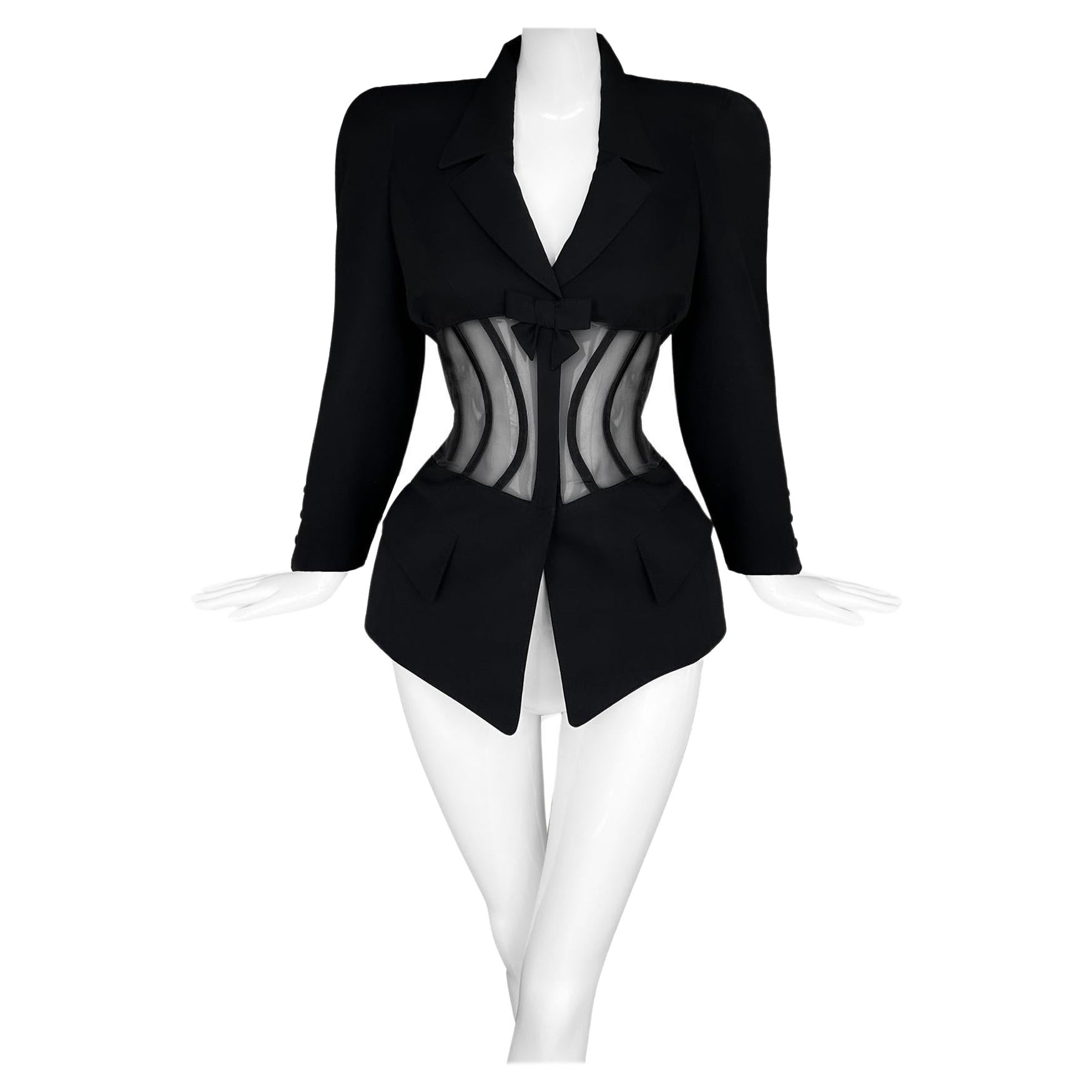 Iconic Thierry Mugler 1995 Sculptural Jacket with Sheer Boned Corset Waist For Sale