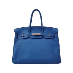 Hermes Birkin 35 Blue Calfskin Leather Silver-tone Palladium Hardware 2010