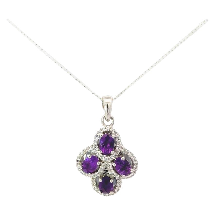 Dainty Amethyst Oval Shape Cluster Pendant Made 925 Sterling Silver Gift for Mom For Sale