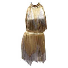 Rare 2013 Versace Atelier Gold Metal Fringe Tie Dyed Gabardine Dress