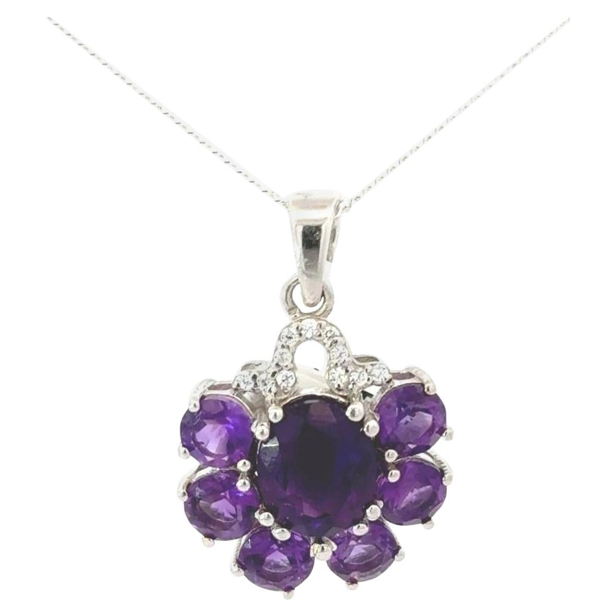 925 Sterling Silver Natural Amethyst Cluster Pendant Necklace for Mom Gift For Sale