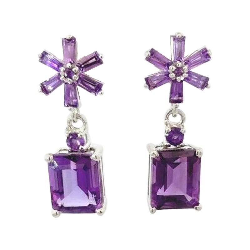 7.9 Carat Mixed Cut Amethyst Drop Sterling Silver Earrings for Mother For Sale