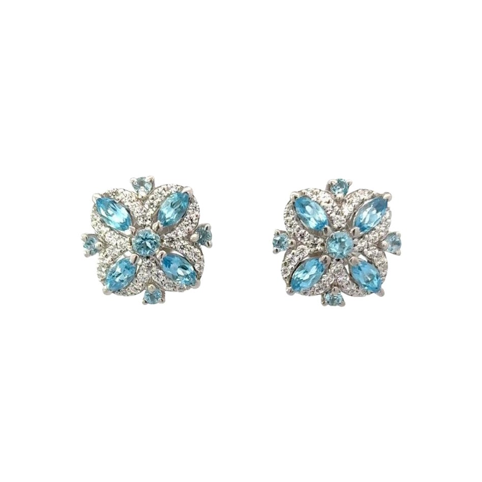 Pendientes florales de topacio azul de diseño para mamá en plata de ley 925 en venta