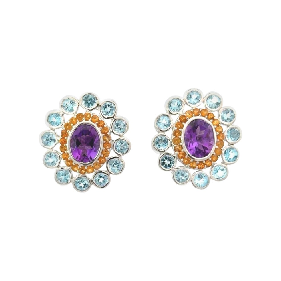 6.45 Carat Carnation Round Multi Gems Studs Silver Earring for Graduation Gift For Sale