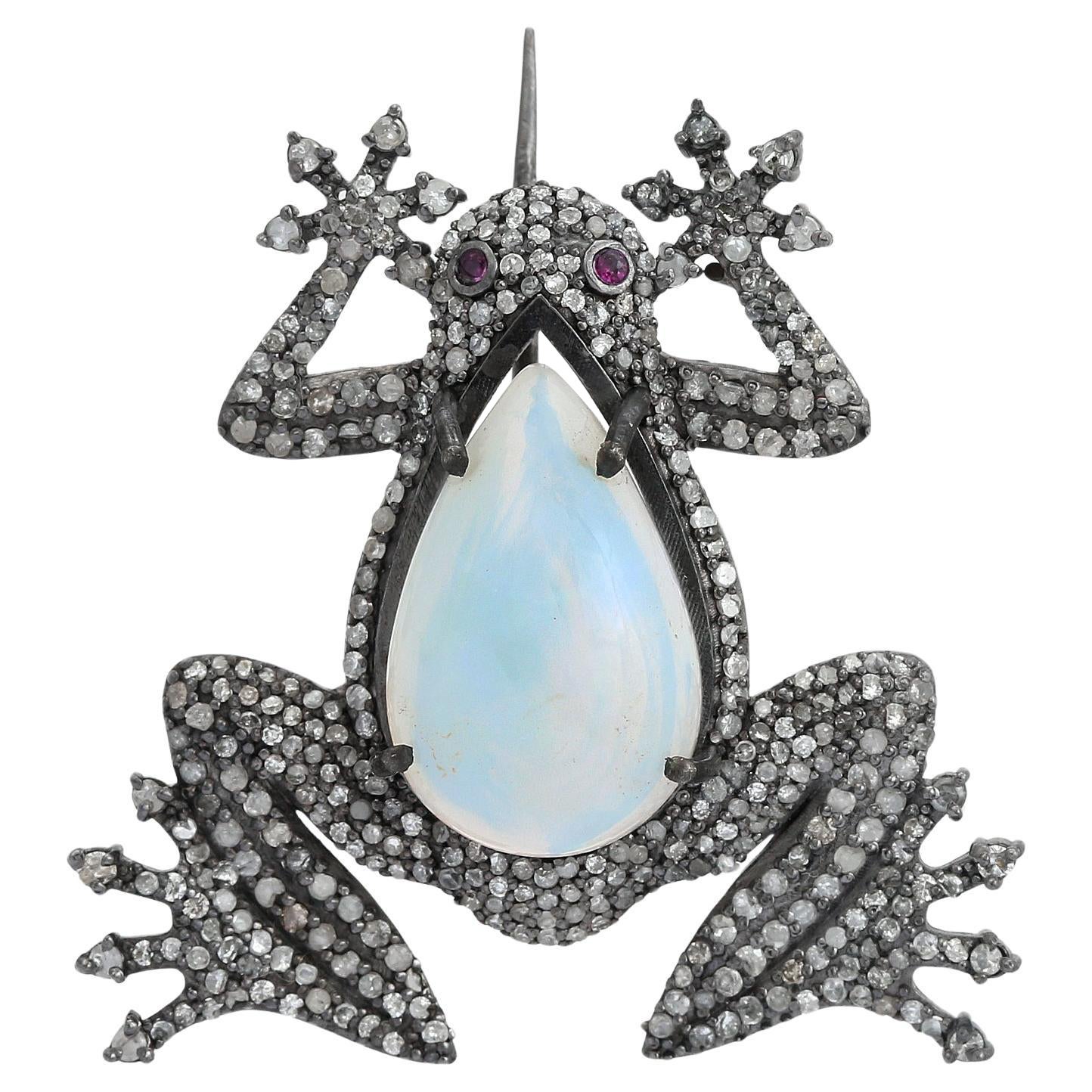 Broche Grenouille Victorienne Antique Opale Diamant Pavé Epingle de Revers pour Lui 8.55 carat