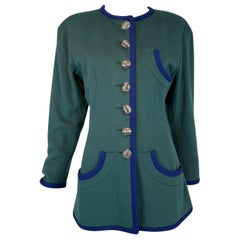 Yves Saint Laurent Rive Gauche Teal Blue 1990s Hip Length Wool Jacket 42
